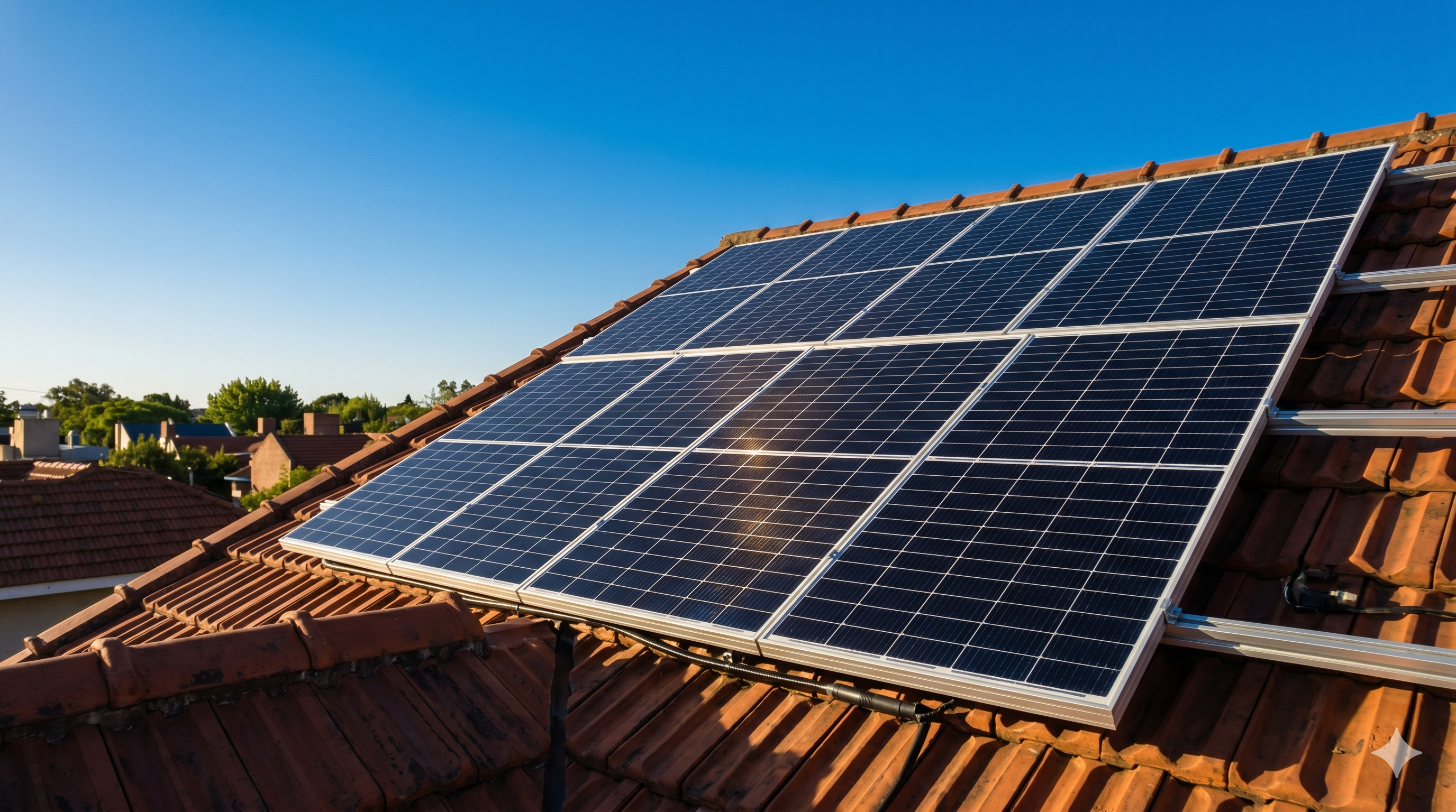 Paneles solares instalados en techo residencial con tejas, cielo azul despejado