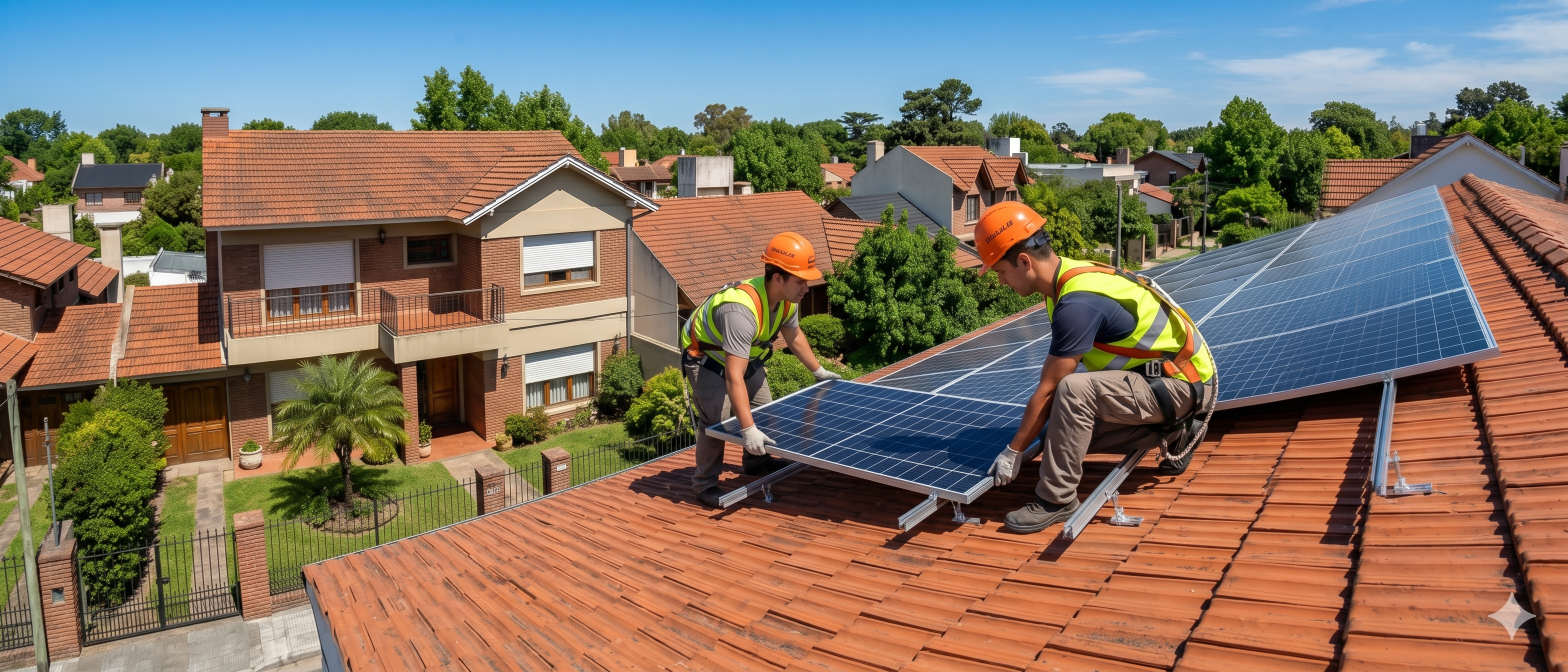 Técnicos instalando paneles solares en techo residencial